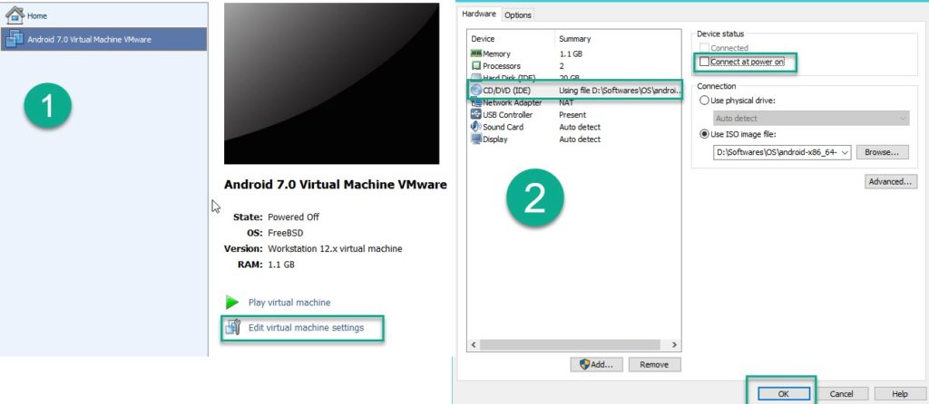 Disconnecting the ISO file after Android Virtual machine Installation in VMware